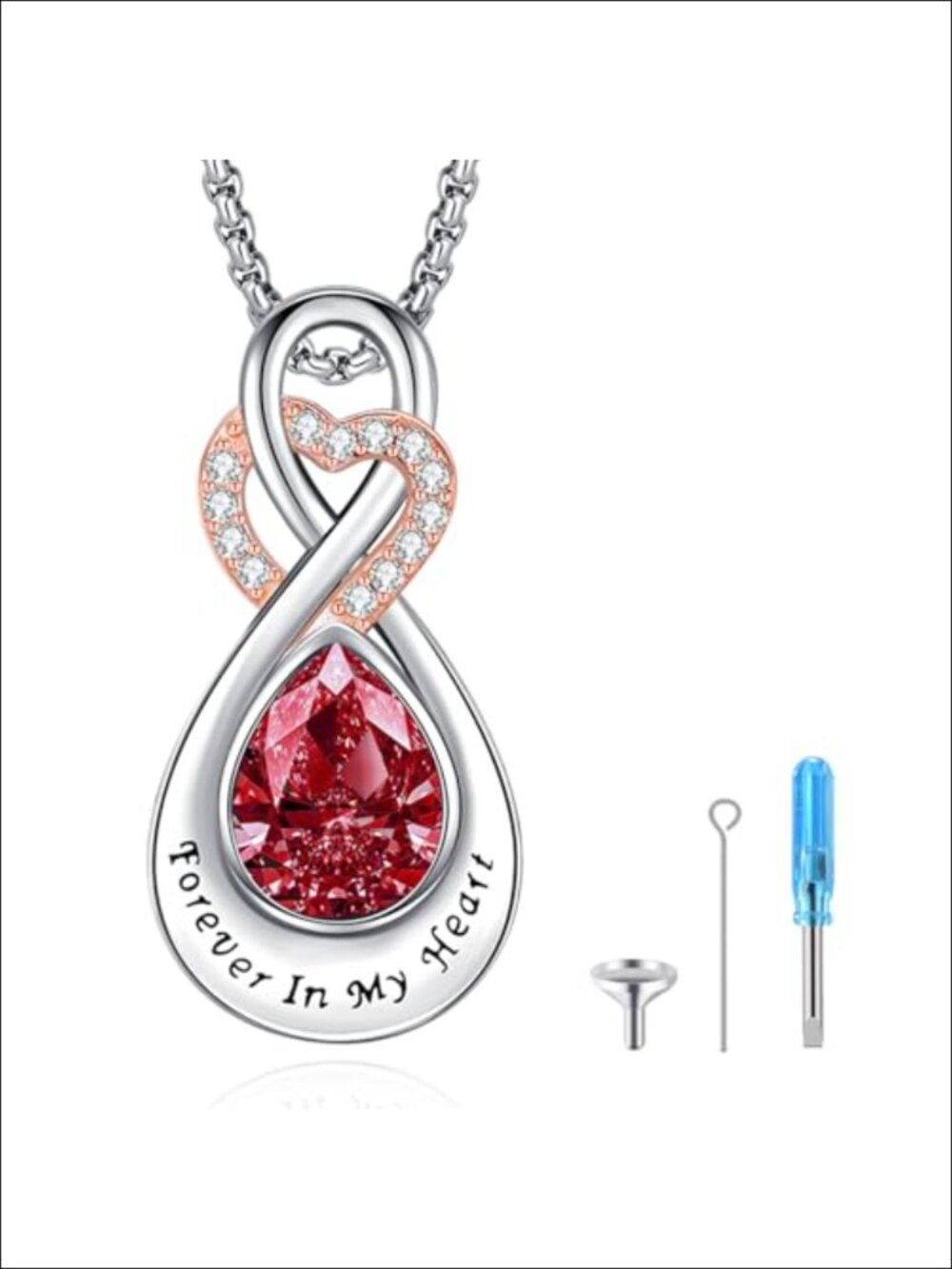 Sterling Silver Urn Necklace for Ashes Heart Garnet Eternal Love Keepsake